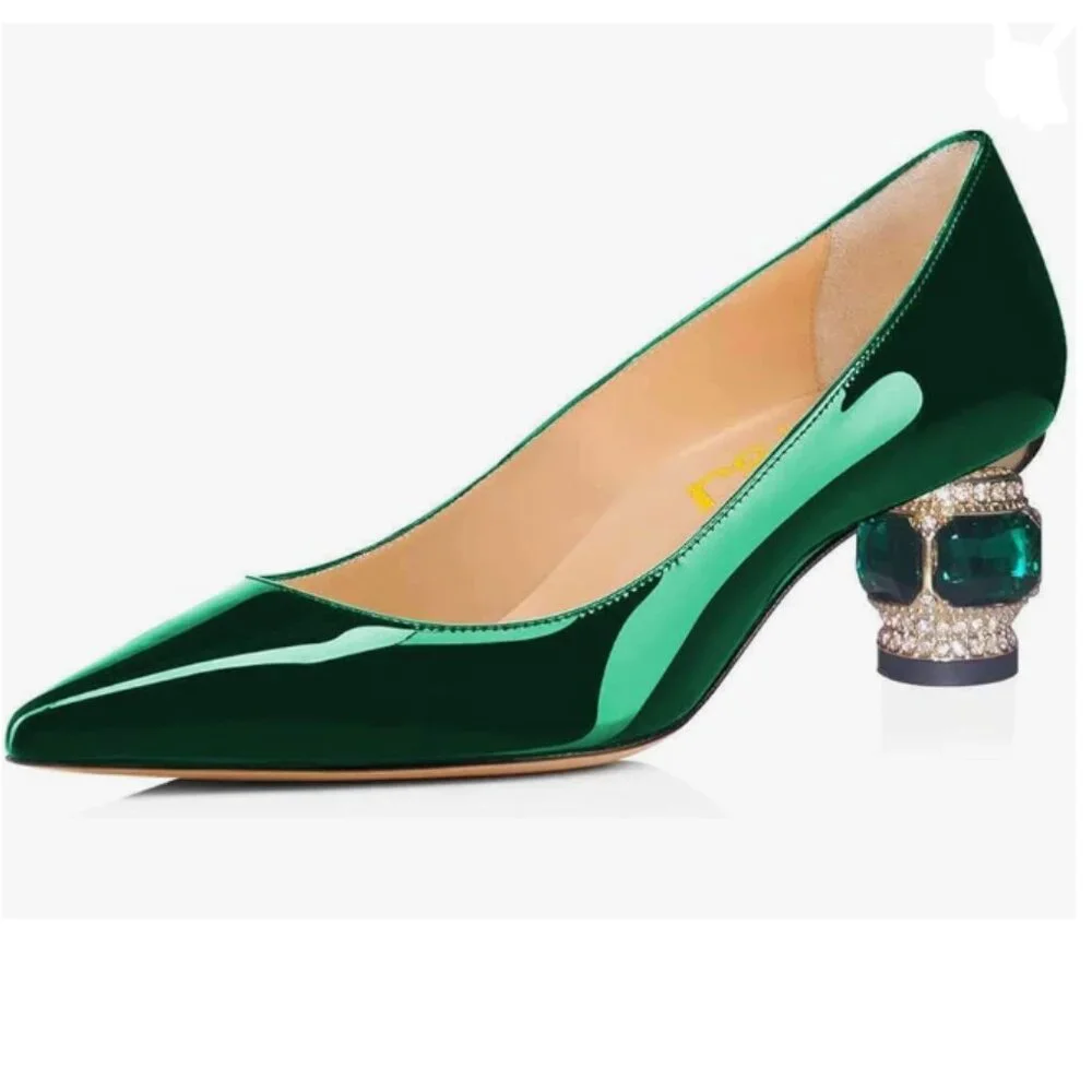 FSJ Dark Green Bridal Pointed Toe Low Heel Crystal Pumps Slip on Wedding Shoes